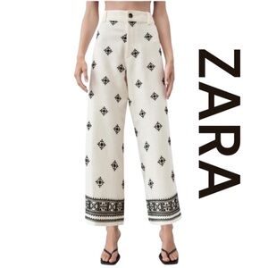 Zara Women's Cream Embroidered Wide Leg Pants